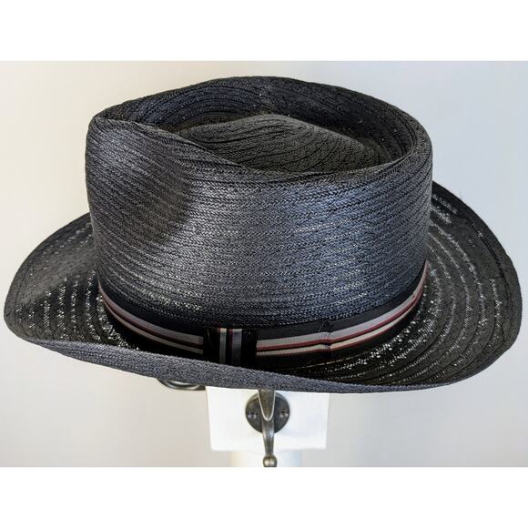 VTG Haband Black Straw Fedora Hat Medium 22" Gray Striped Hatband Made in USA - Picture 3 of 11